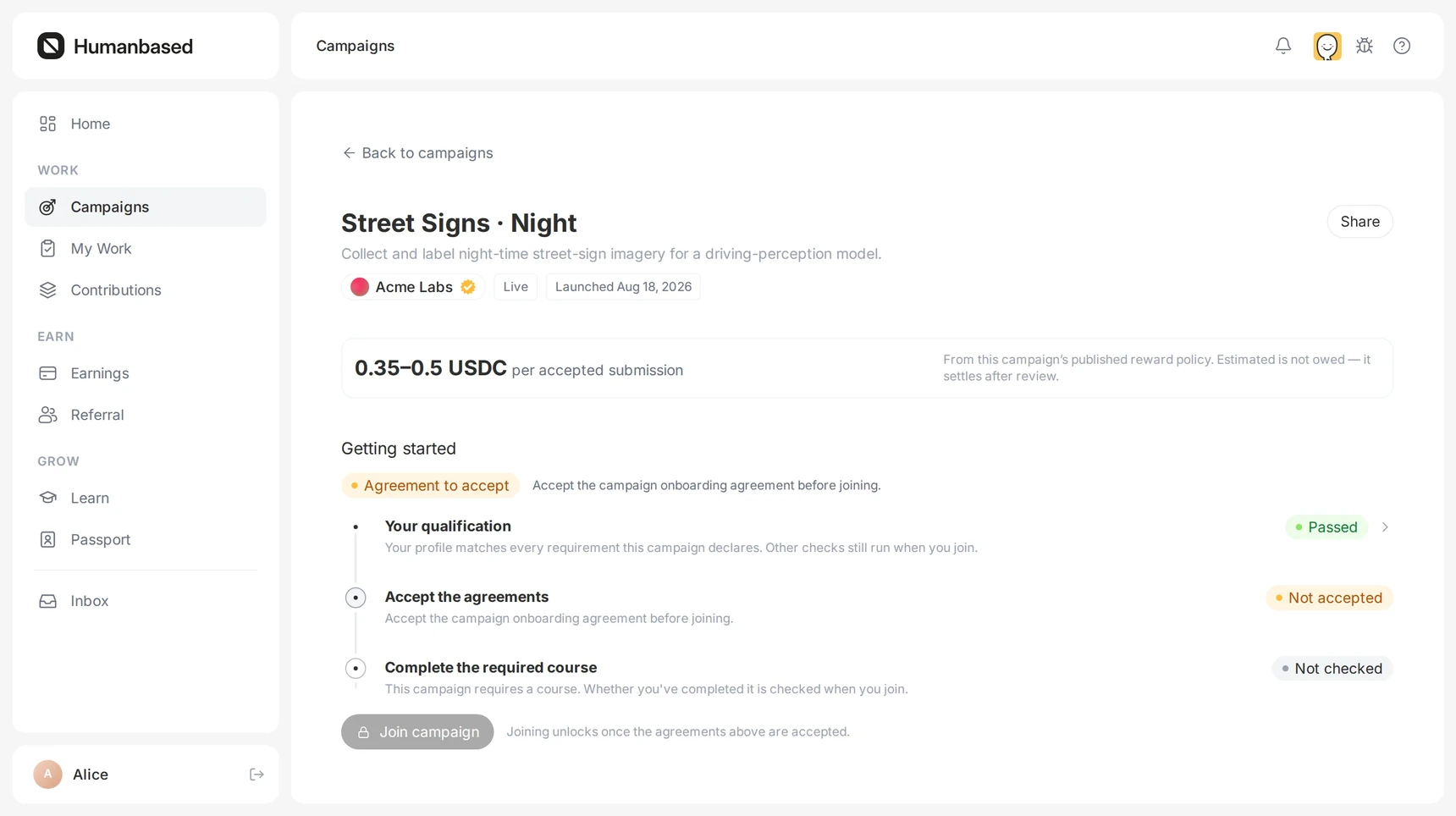 A contributor's view of the Street Signs · Night campaign: a verified publisher, a live status, a published reward range of 0.35–0.5 USDC per accepted submission, and a Getting started rail showing qualification passed, the campaign agreement not yet accepted, and the required course checked at join — with the Join button locked and the reason stated beside it.